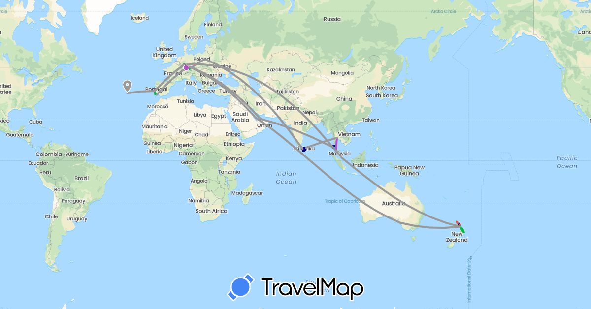 TravelMap itinerary: driving, bus, plane, train, hiking, boat in United Arab Emirates, Australia, Germany, Sri Lanka, New Zealand, Poland, Portugal, Qatar, Singapore, Thailand (Asia, Europe, Oceania)